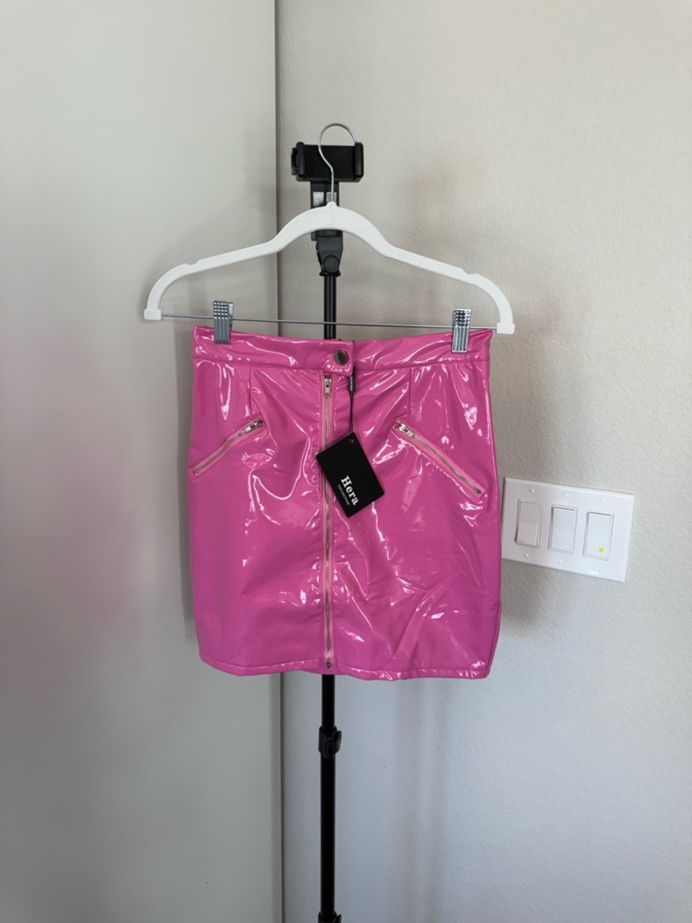 High-Shine Pink Vinyl Mini Skirt